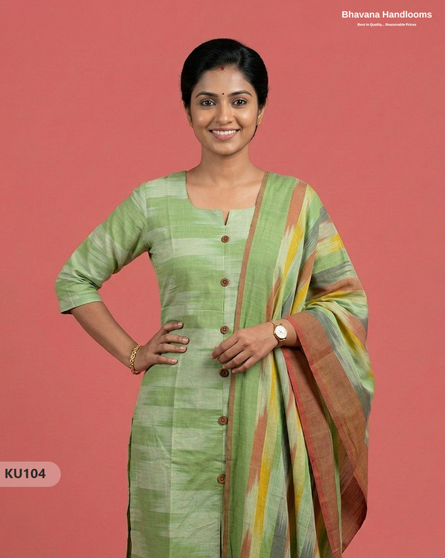 Ikkat Cotton 3PC Kurti Set in Green Colour with Show Buttons | Ready-to-Wear
