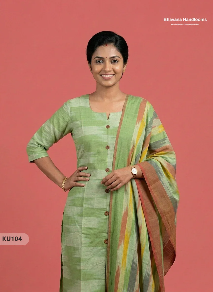 Ikkat Cotton 3PC Kurti Set in Green Colour with Show Buttons | Ready-to-Wear