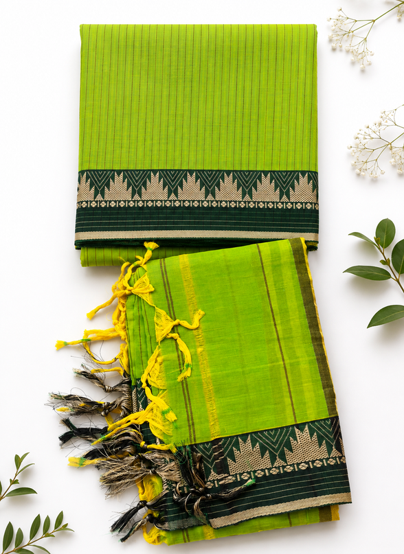 Traditional Wear Narayanpet Mercerised Cotton Dress Material with Lime Green Colour | Woven Border