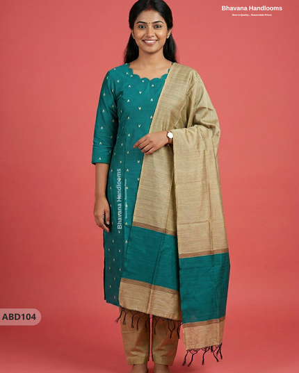 Raw Silk 3-Piece Kurti Set with Cut Work Neck Design in Green Colour | Full-Length Lined Kurti with Gold Dupatta