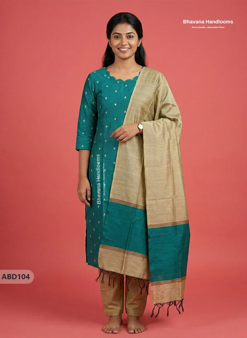 Raw Silk 3-Piece Kurti Set with Cut Work Neck Design in Green Colour | Full-Length Lined Kurti with Gold Dupatta