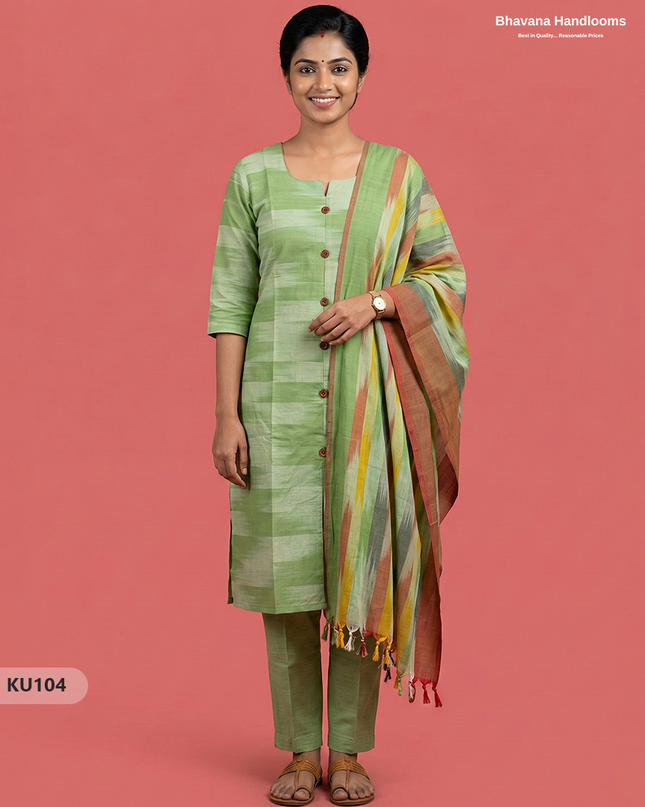 Ikkat Cotton 3PC Kurti Set in Green Colour with Show Buttons | Ready-to-Wear