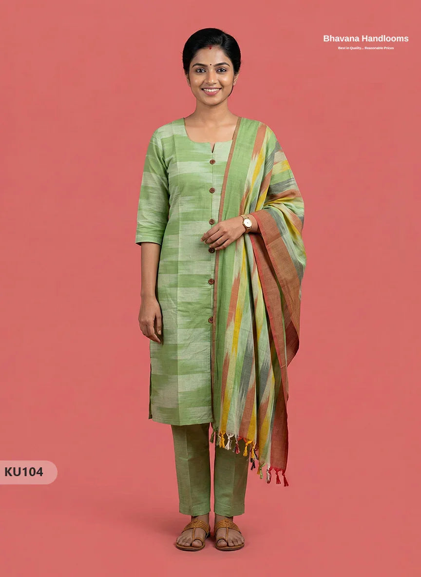 Ikkat Cotton 3PC Kurti Set in Green Colour with Show Buttons | Ready-to-Wear