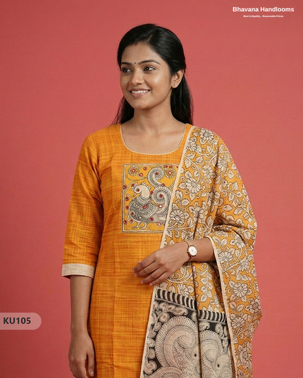 Kalamkari Patch 3PC Kurti Set – Yellow Colour with Full Length Lining