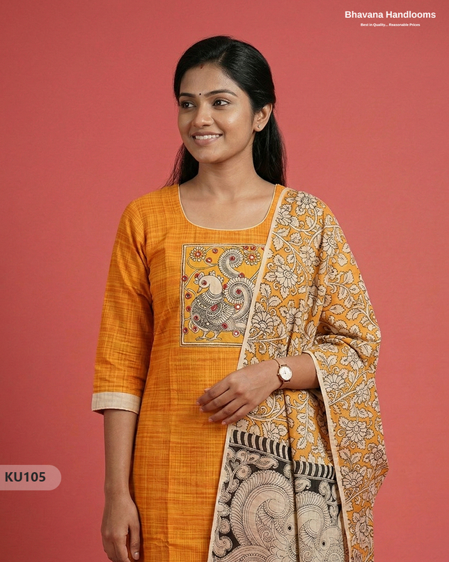 Kalamkari Patch 3PC Kurti Set – Yellow Colour with Full Length Lining