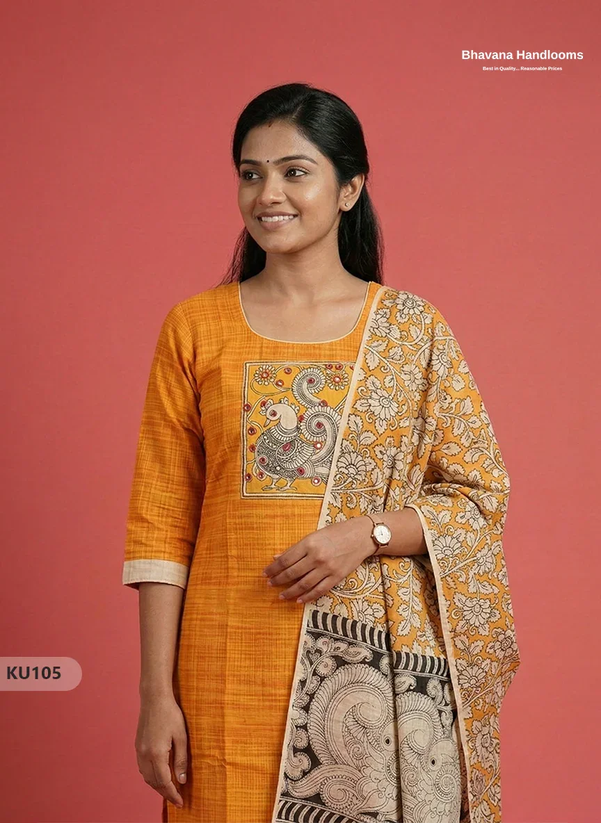 Kalamkari Patch 3PC Kurti Set – Yellow Colour with Full Length Lining