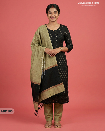 Raw Silk 3-Piece Kurti Set with Cut Work Neck Design in Black Colour | Full-Length Lined Kurti with Gold Dupatta