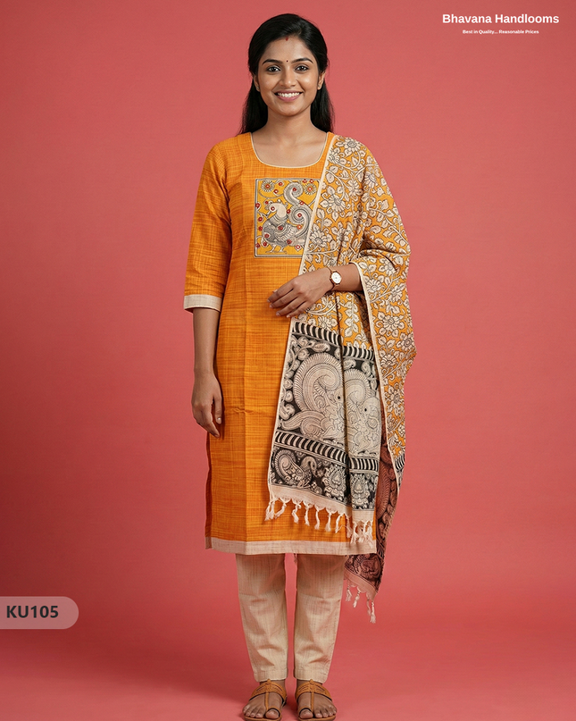Kalamkari Patch 3PC Kurti Set – Yellow Colour with Full Length Lining