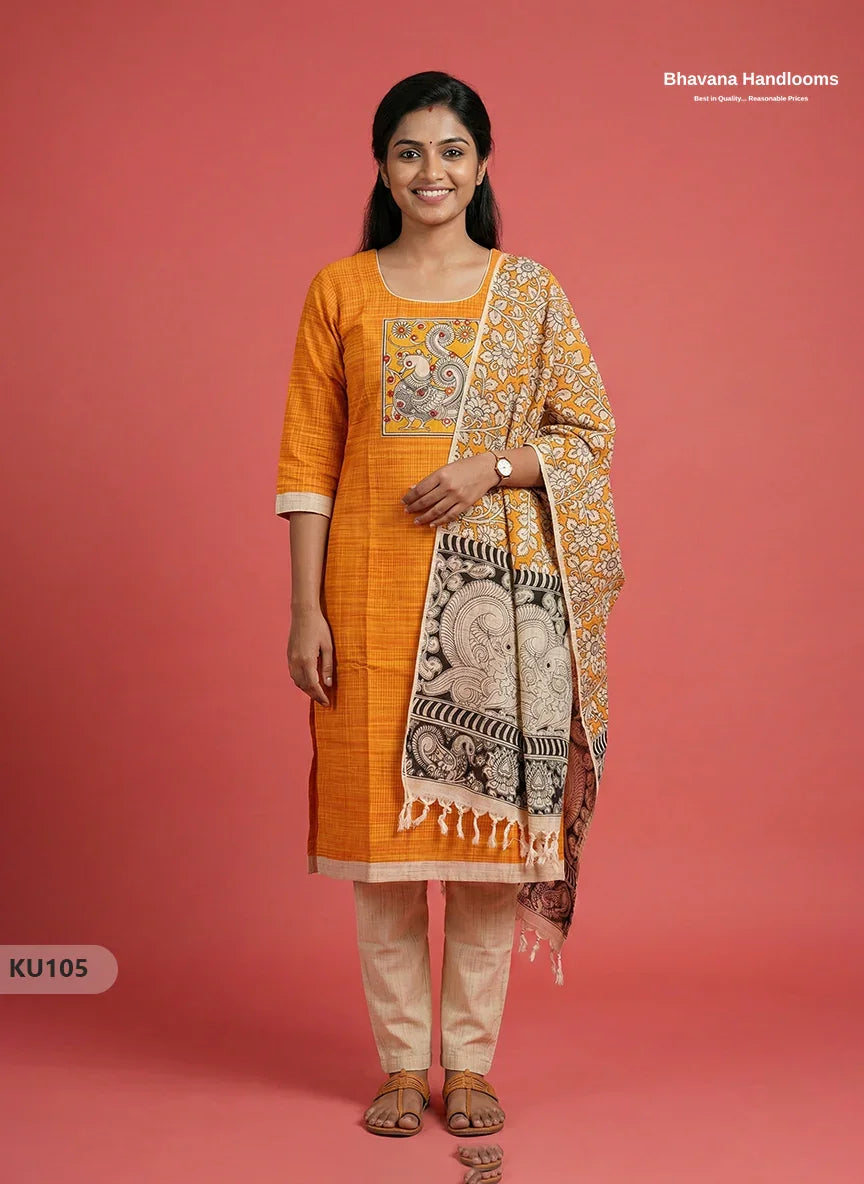 Kalamkari Patch 3PC Kurti Set – Yellow Colour with Full Length Lining