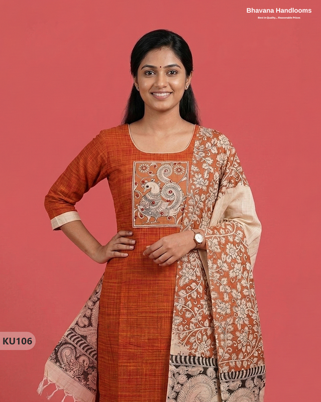 Kalamkari Patch Work 3PC Kurti Set in Orange | Full Length Lining | Ready-to-Wear