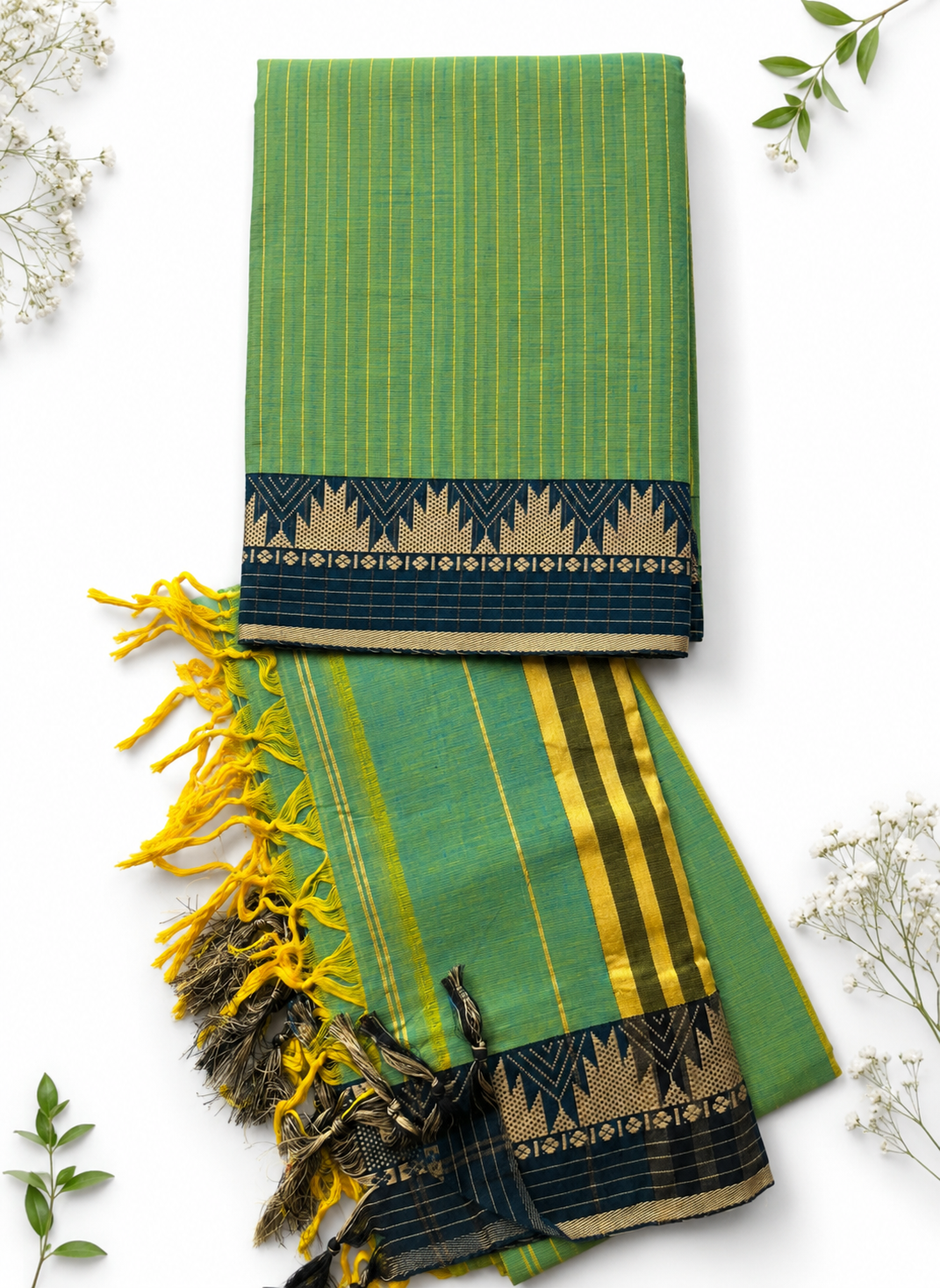 Traditional Wear Narayanpet Mercerised Cotton Dress Material with Teal Green Colour | Woven Border