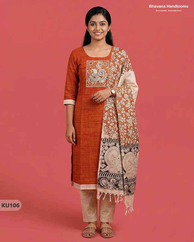 Kalamkari Patch Work 3PC Kurti Set in Orange | Full Length Lining | Ready-to-Wear