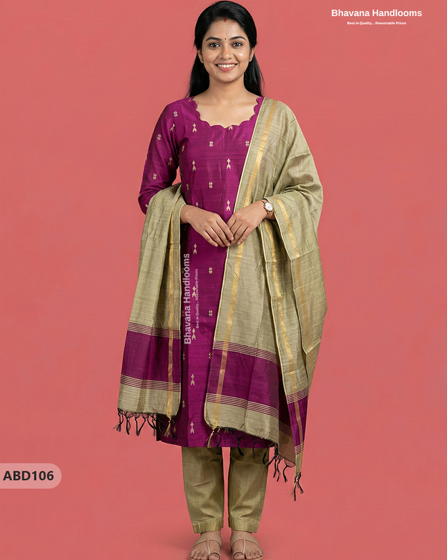 Raw Silk 3-Piece Kurti Set with Cut Work Neck Design in Pink Colour | Full-Length Lined Kurti with Gold Dupatta
