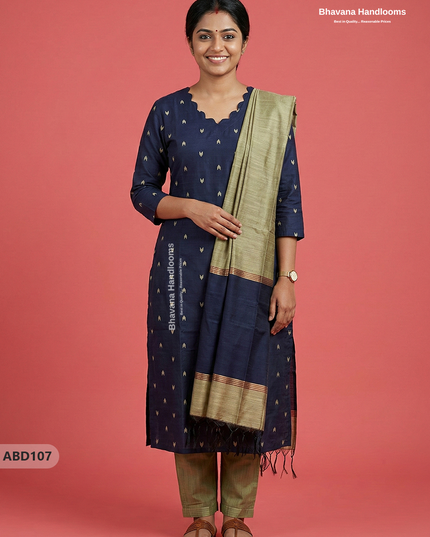Raw Silk 3-Piece Kurti Set with Cut Work Neck Design in Navy Blue Colour | Full-Length Lined Kurti with Gold Dupatta