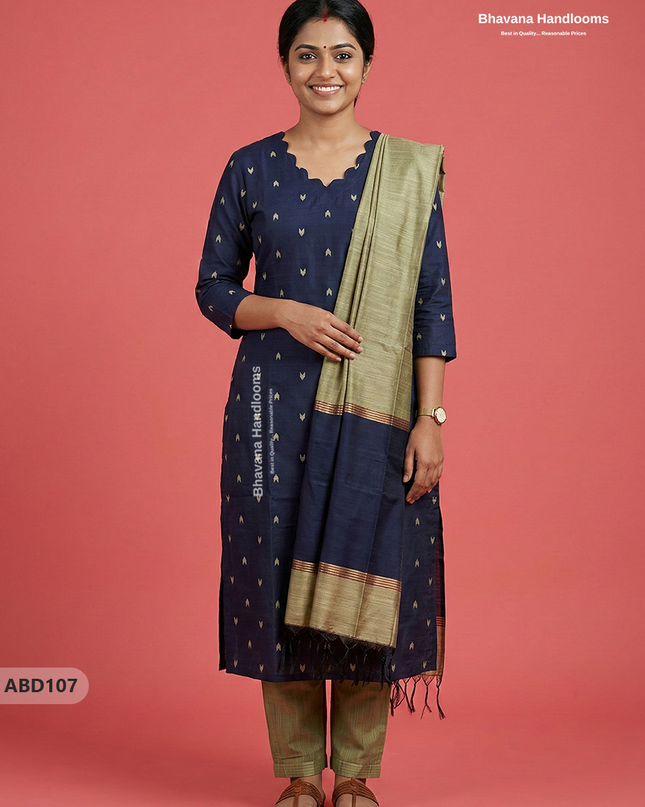 Raw Silk 3-Piece Kurti Set with Cut Work Neck Design in Navy Blue Colour | Full-Length Lined Kurti with Gold Dupatta