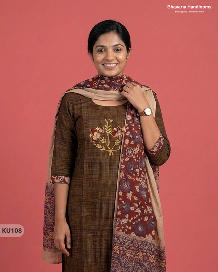 Embroidered Kurti Set (3PC) with Brown | Full Length Lining | Traditional Style