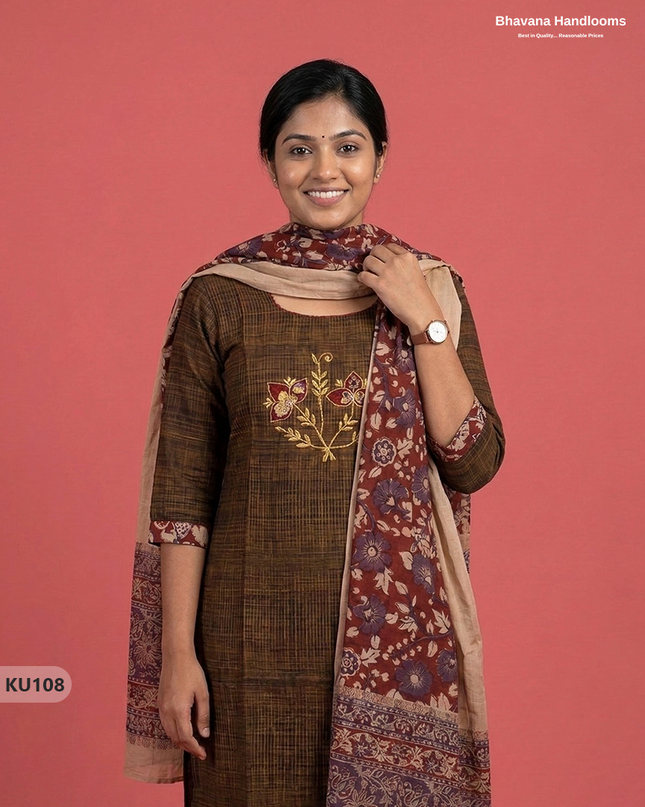 Embroidered Kurti Set (3PC) with Brown | Full Length Lining | Traditional Style