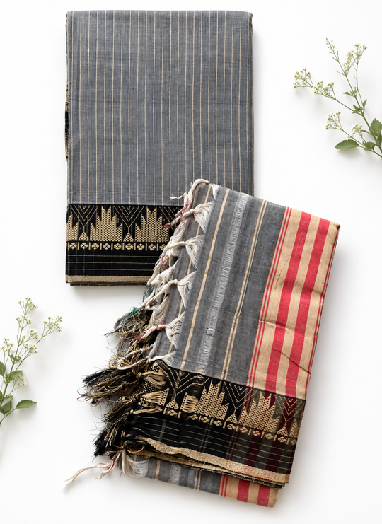 Traditional Wear Narayanpet Mercerised Cotton Dress Material with Charcoal Grey Colour | Woven Border