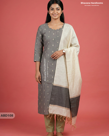 Raw Silk 3-Piece Kurti Set with Cut Work Neck Design in Gray Colour | Full-Length Lined Kurti with Gold Dupatta