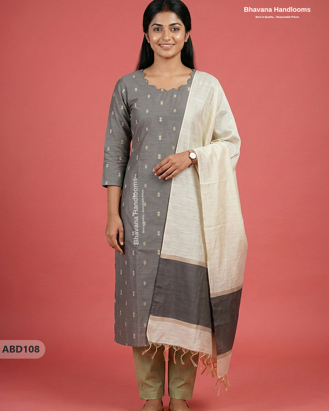 Raw Silk 3-Piece Kurti Set with Cut Work Neck Design in Gray Colour | Full-Length Lined Kurti with Gold Dupatta