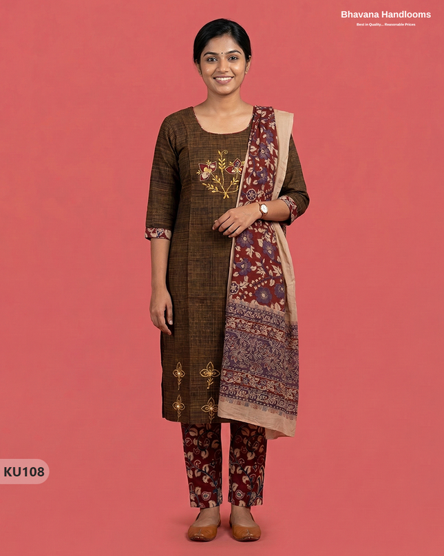 Embroidered Kurti Set (3PC) with Brown | Full Length Lining | Traditional Style