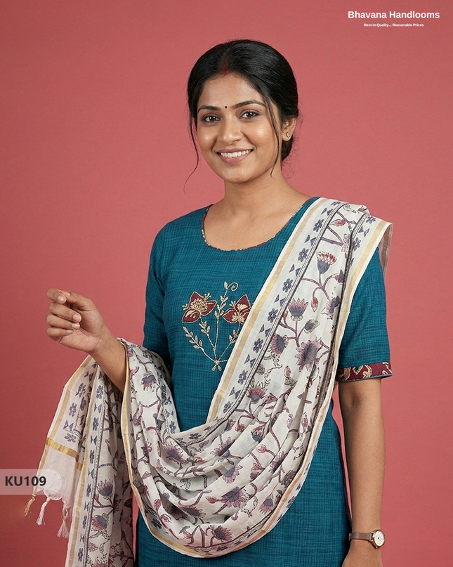 Embroidered Kurti Set (3PC) with Sea Blue | Full Length Lining | Traditional Style
