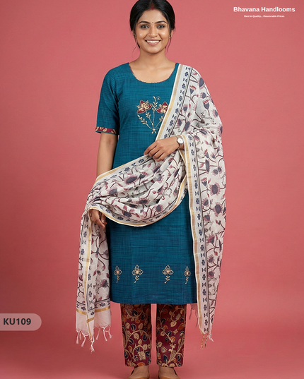 Embroidered Kurti Set (3PC) with Sea Blue | Full Length Lining | Traditional Style
