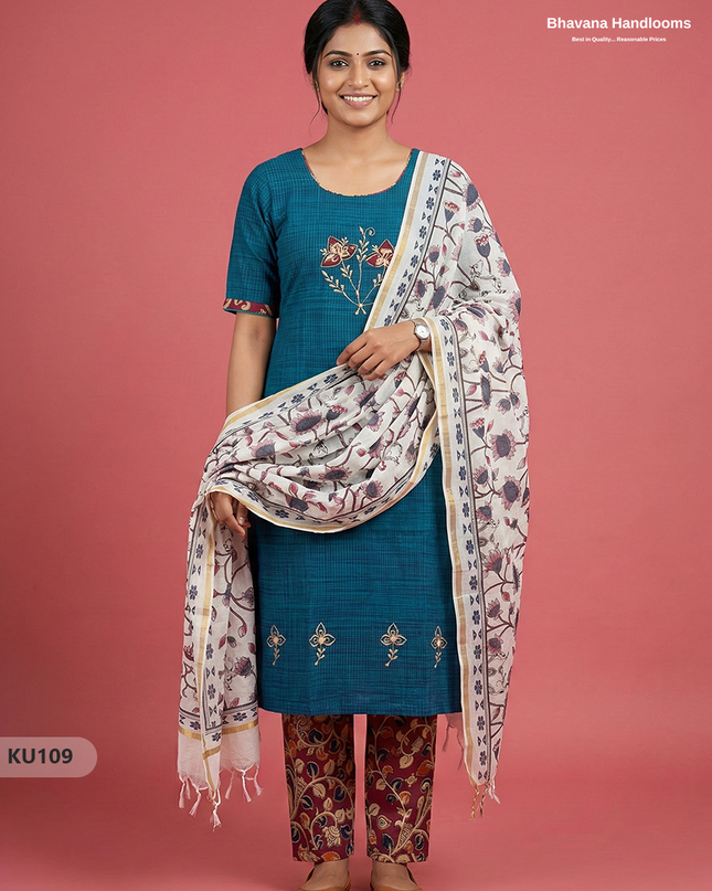 Embroidered Kurti Set (3PC) with Sea Blue | Full Length Lining | Traditional Style