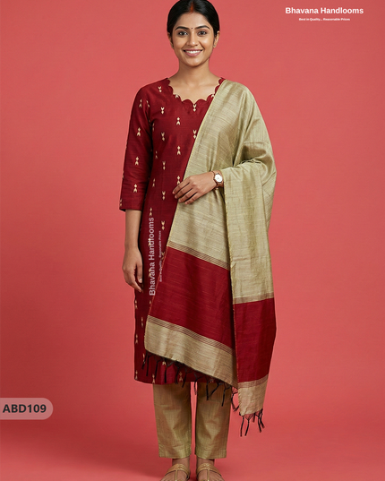 Raw Silk 3-Piece Kurti Set with Cut Work Neck Design in Red Colour | Full-Length Lined Kurti with Gold Dupatta