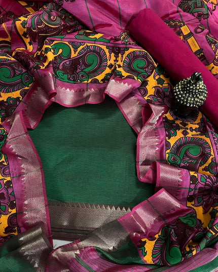 Mangalagiri Semi Pattu Dress Material with Zari Border – Dark Green Colour