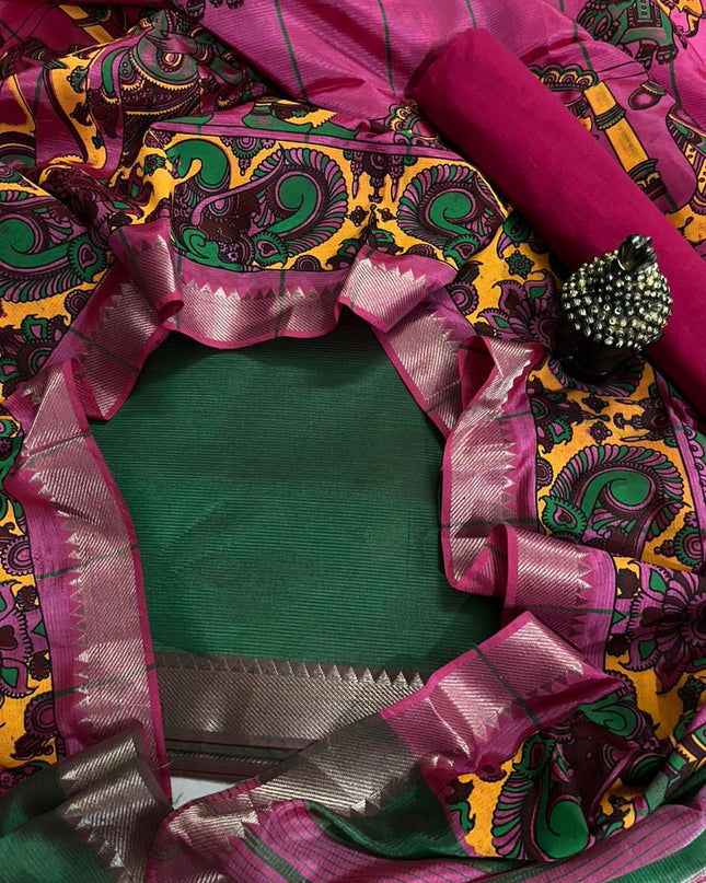 Mangalagiri Semi Pattu Dress Material with Zari Border – Dark Green Colour