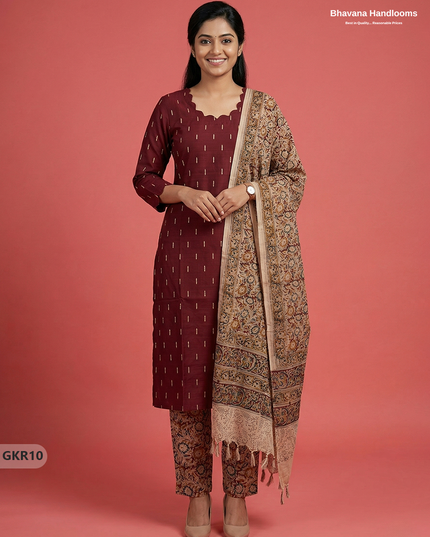 Raw Silk 3PC Kurti Set with Kalamkari Dupatta & Elastic Bottom in Maroon Colour | Ethnic Wear