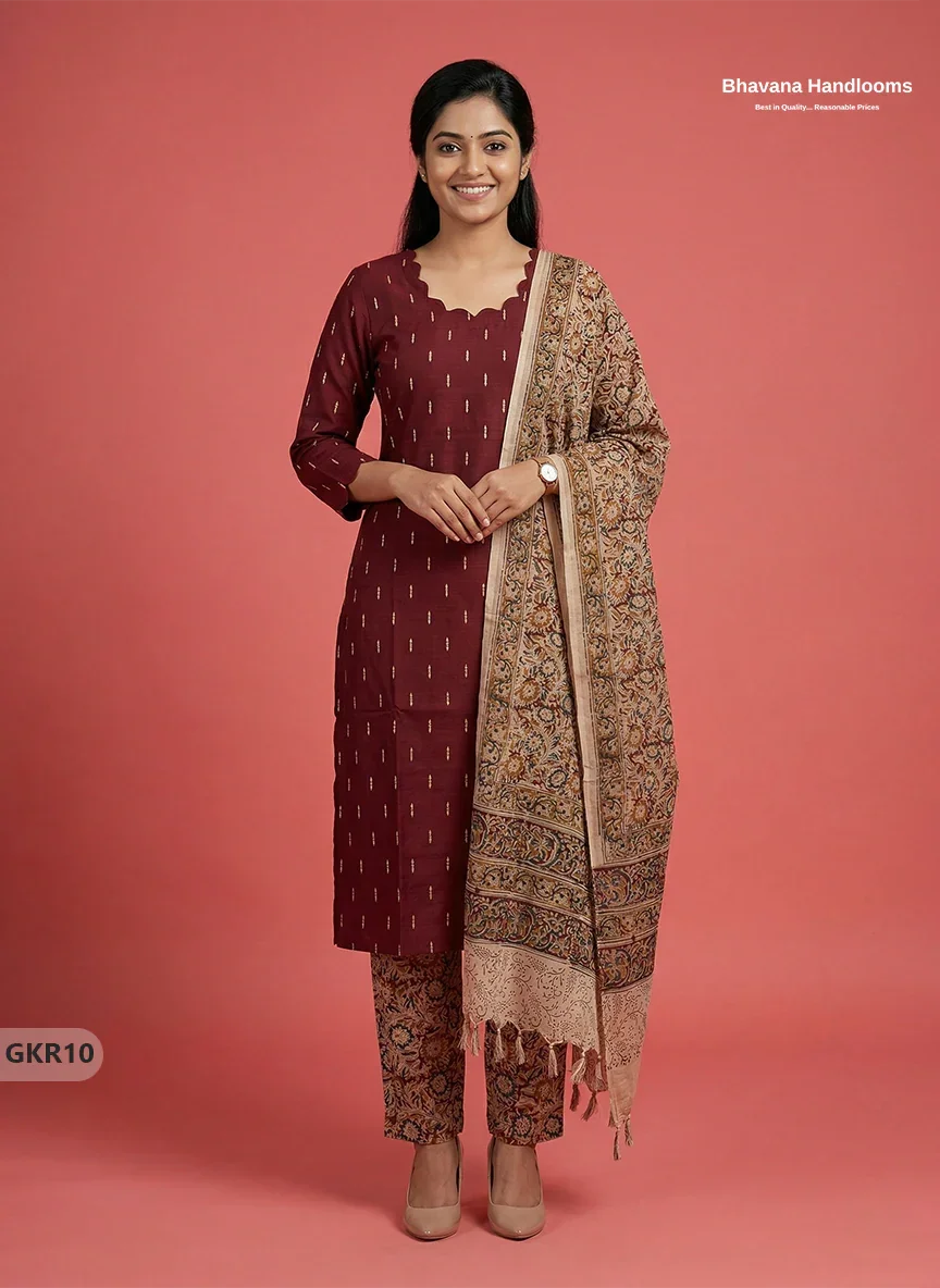 Raw Silk 3PC Kurti Set with Kalamkari Dupatta & Elastic Bottom in Maroon Colour | Ethnic Wear
