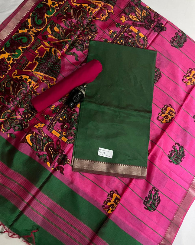 Mangalagiri Semi Pattu Dress Material with Zari Border – Dark Green Colour