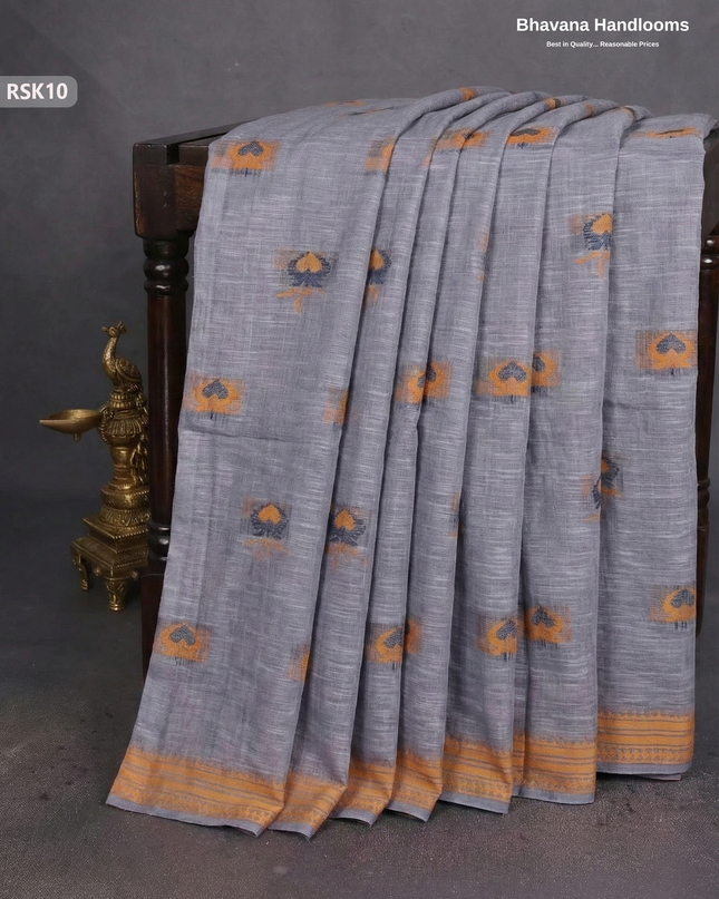 Khadi Applic Work Soft Cotton Saree in Gray with blouse | Bhavana Handlooms