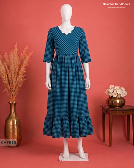 Handloom Cotton Frock in Cyan Blue & Deep Navy Blue with Stylish Neck Cut Work | Soft & Comfortable