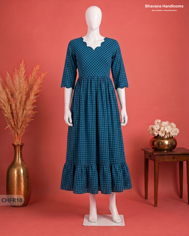 Handloom Cotton Frock in Cyan Blue & Deep Navy Blue with Stylish Neck Cut Work | Soft & Comfortable
