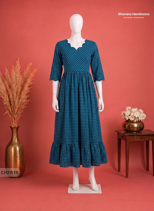 Mangalagiri Cotton Frock in Cyan Blue & Deep Navy Blue with Stylish Neck Cut Work | Soft & Comfortable