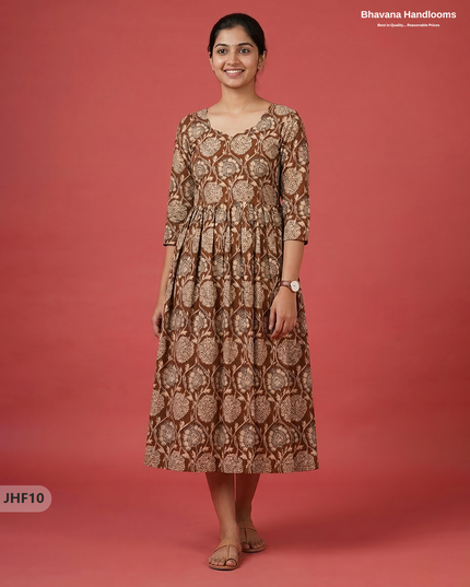 Kalamkari Design Frock – Brown Colour | Handloom Ethnic Wear with Half Lining