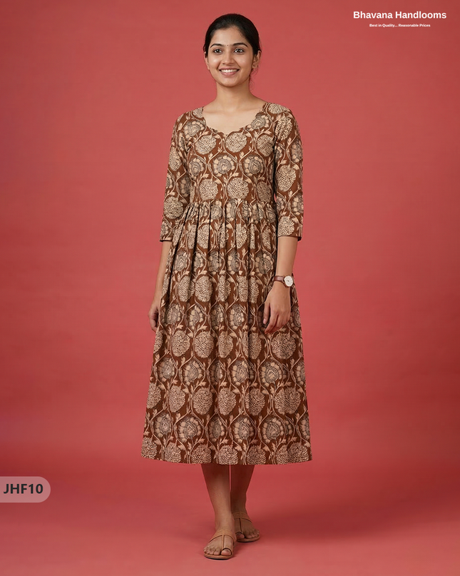 Kalamkari Design Frock – Brown Colour | Handloom Ethnic Wear with Half Lining