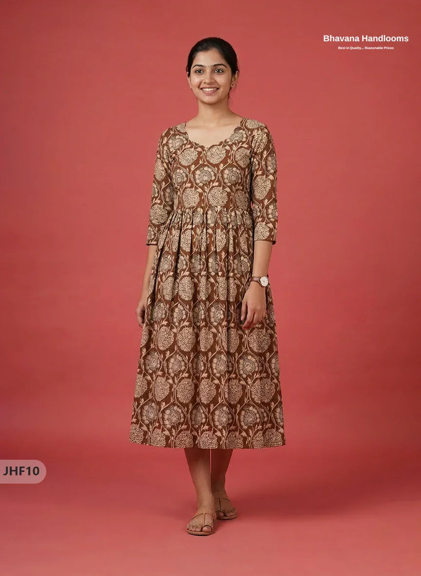 Kalamkari Design Frock – Brown Colour | Handloom Ethnic Wear with Half Lining