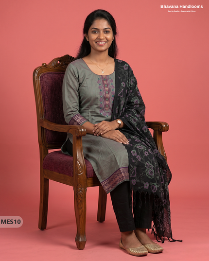 Premium Mangalagiri Kurti Set with Embroidery Design, Threads Bottom & Printed Dupatta – Olive Grey Colour
