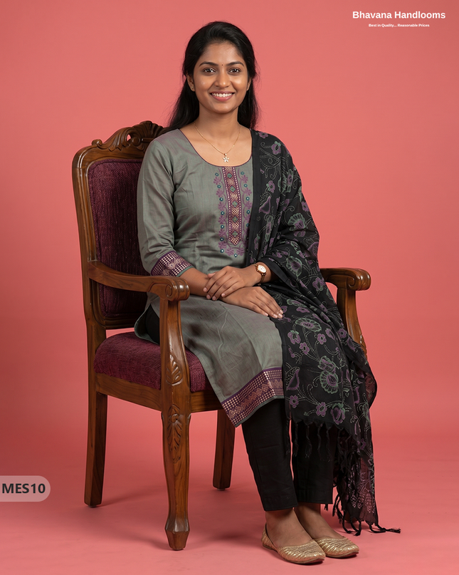 Premium Mangalagiri Kurti Set with Embroidery Design, Elastic Bottom & Printed Dupatta – Olive Grey Colour