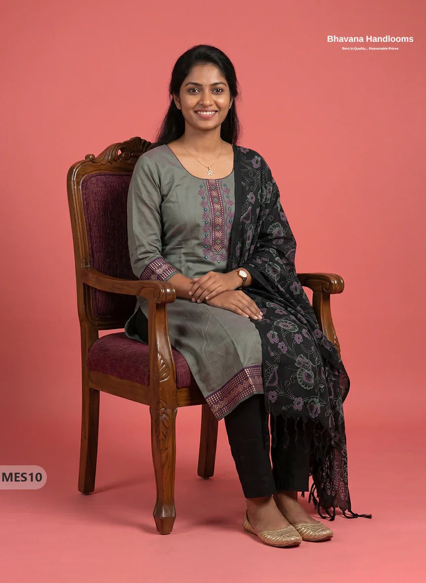 Premium Mangalagiri Kurti Set with Embroidery Design, Elastic Bottom & Printed Dupatta – Olive Grey Colour