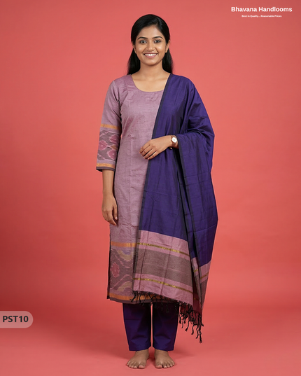 Pochampally Semi Pattu 3PC Kurti Set in Pastel Purple Colour | Ready-to-Wear Ethnic Wear