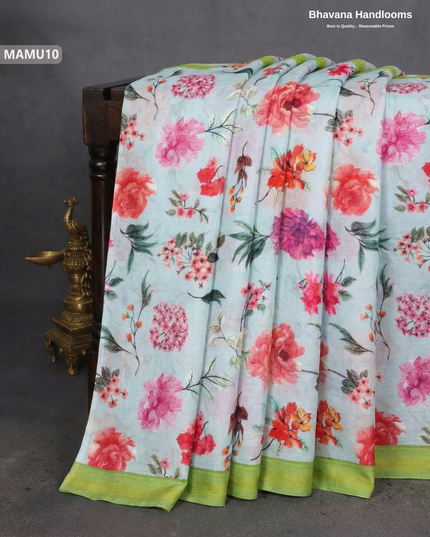 Soft Mul Cotton Light Sky Blue Digital Print Saree | Lightweight & Comfortable