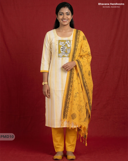 Stylish Cotton 3PC Kurti Set with Yellow & Off-White Stripes, Musical Panel Design | Yellow Dupatta