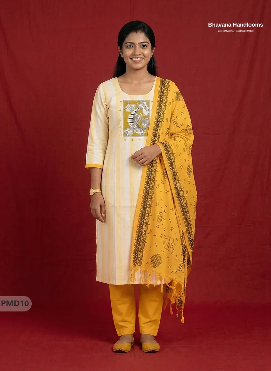Stylish Cotton 3PC Kurti Set with Yellow & Off-White Stripes, Musical Panel Design | Yellow Dupatta