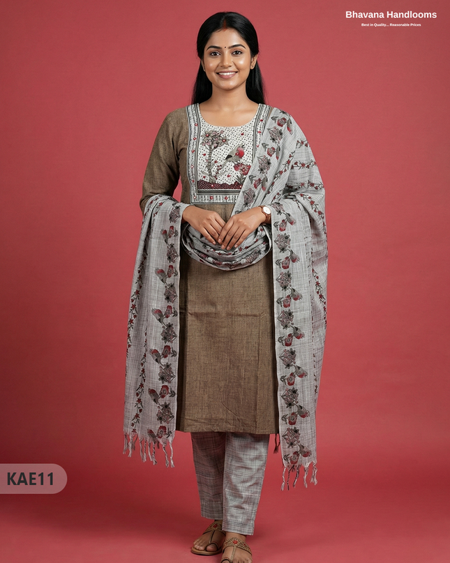 Readymade Cotton Kurti Set in Brown with Mirror Finishing Design