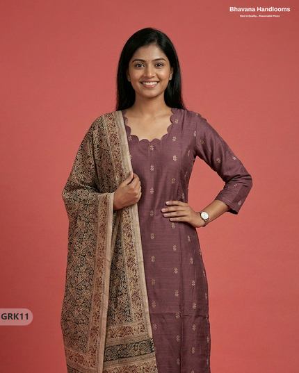 Raw Silk 3PC Kurti Set with Kalamkari Dupatta & Elastic Bottom in Dark Onion Pink Colour | Ethnic Wear